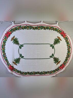 Vintage Christmas Oval Tablecloth 52x80 Holly Berry Bow Retro Holiday Dining